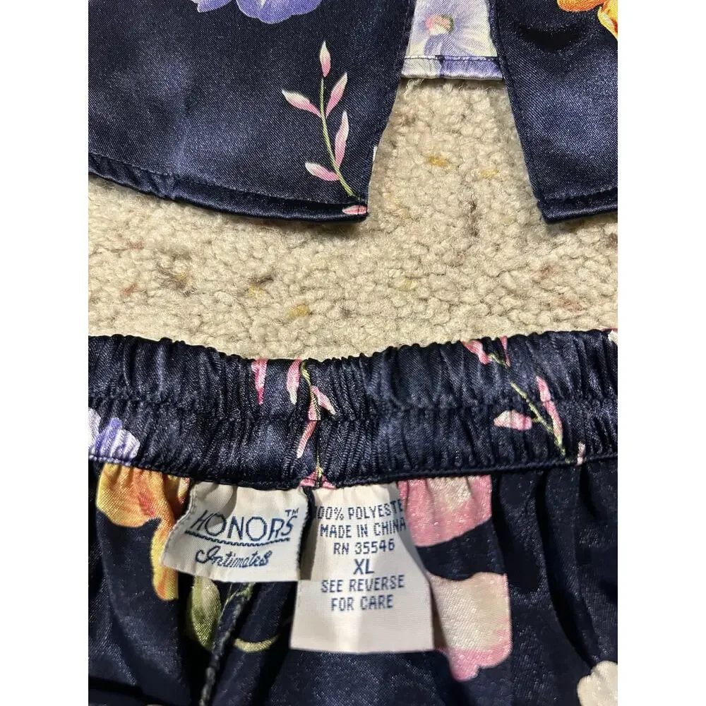 VTG Honors Intimates XL Pajama SET Top Sleep Shorts Silky Satin Navy Floral E25